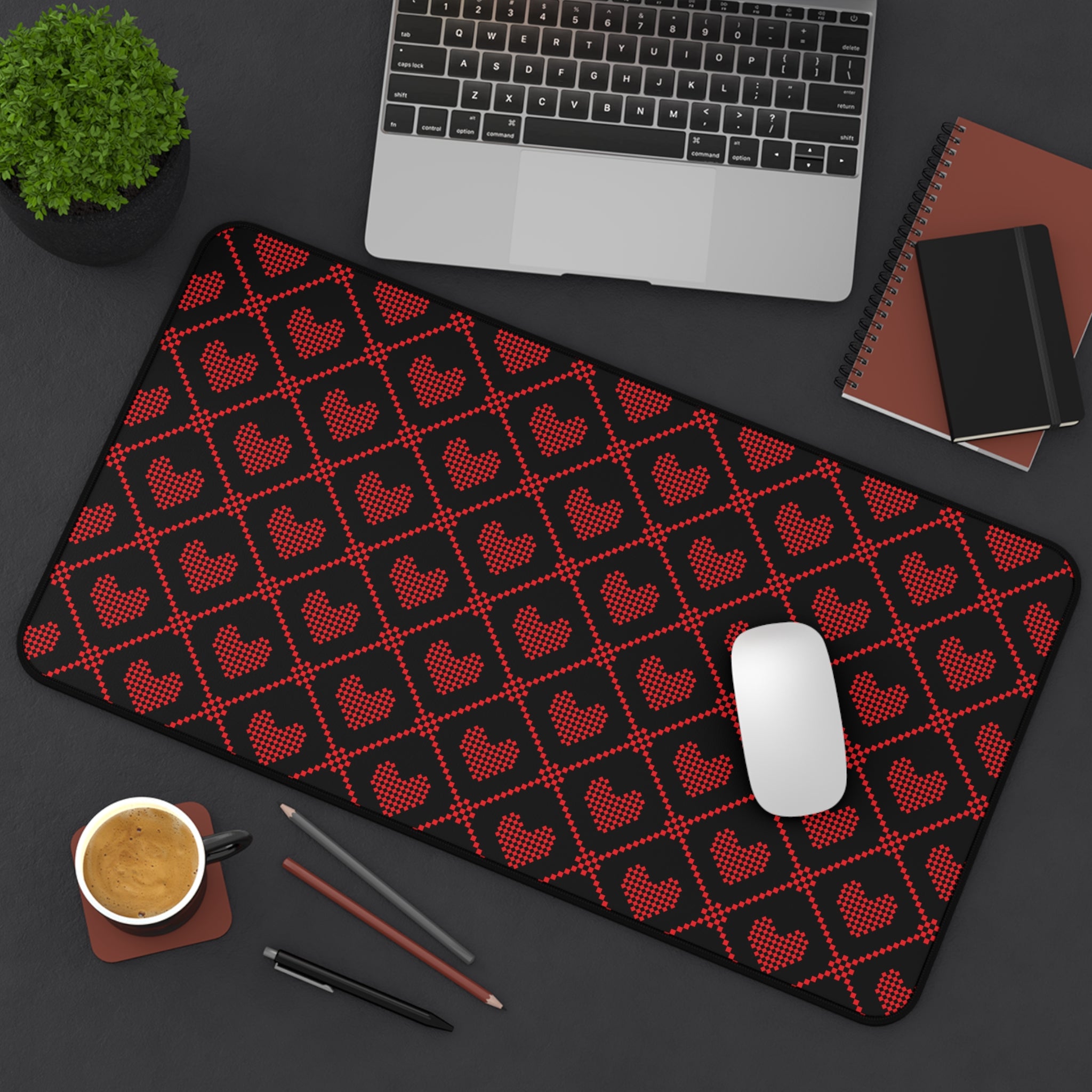 Black Red Pixel Heart Pattern, Valentines Gift, Mouse Pad, Desk Matt for Desktop, Cute Desk Pad Mat, XXL Large Mouse Pad for Desk, Anti-Slip Big Mousepad with Stitched Edges, Keyboard Pad Mouse Mat for Computer