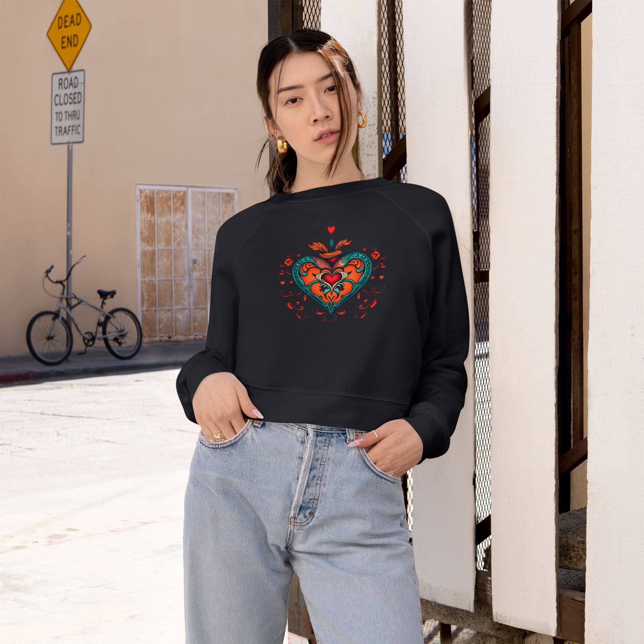 Heart Graphic Cropped Fleece Pullover, Valentines Gift for Her, Long Sleeve Women's Shirt, Casual Pullover Top, Graphic Heart