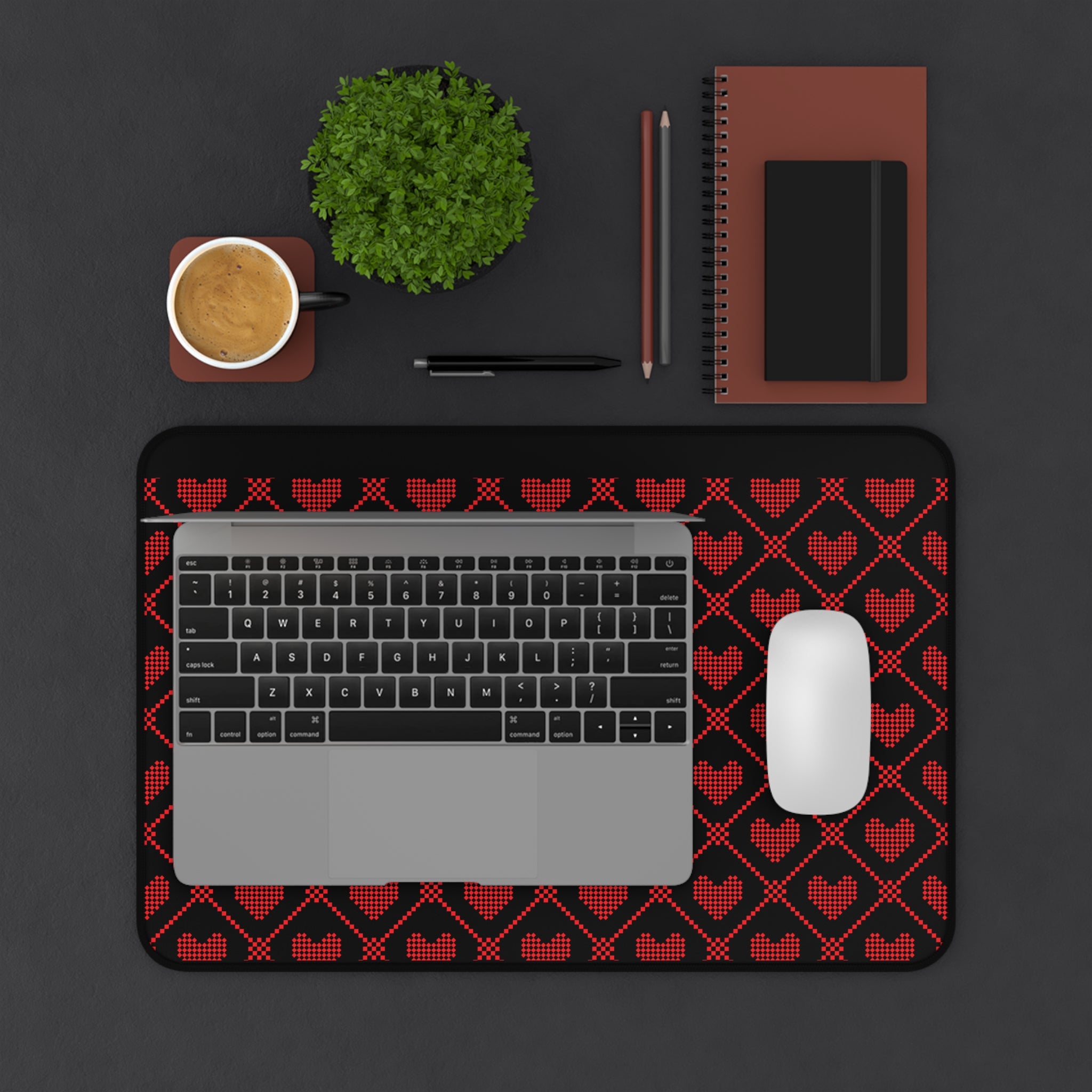 Black Red Pixel Heart Pattern, Valentines Gift, Mouse Pad, Desk Matt for Desktop, Cute Desk Pad Mat, XXL Large Mouse Pad for Desk, Anti-Slip Big Mousepad with Stitched Edges, Keyboard Pad Mouse Mat for Computer