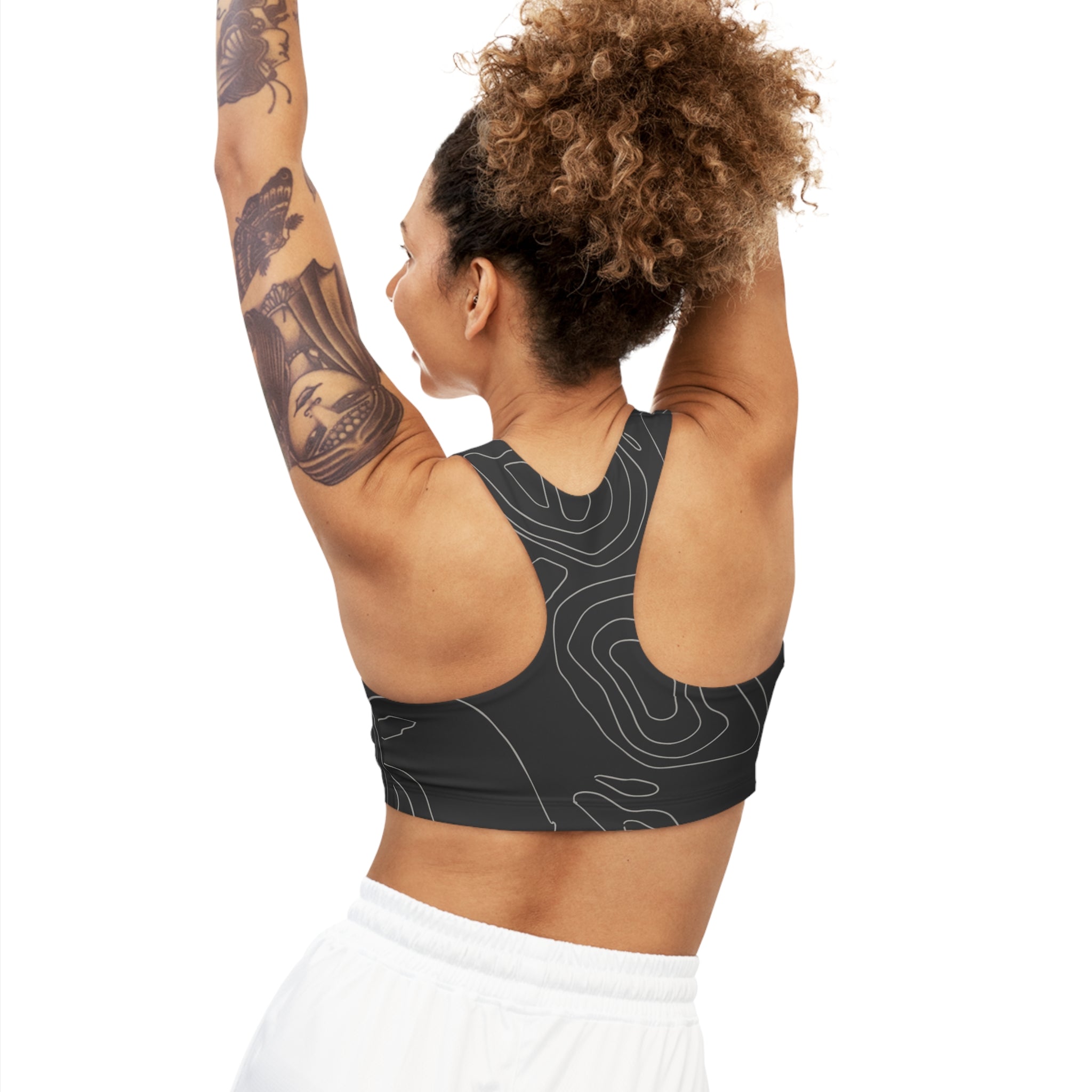 Black & Beige Minimalist Wavy Lines, Racerback Sports Bra for Women - High Impact Workout Crop Tank Top