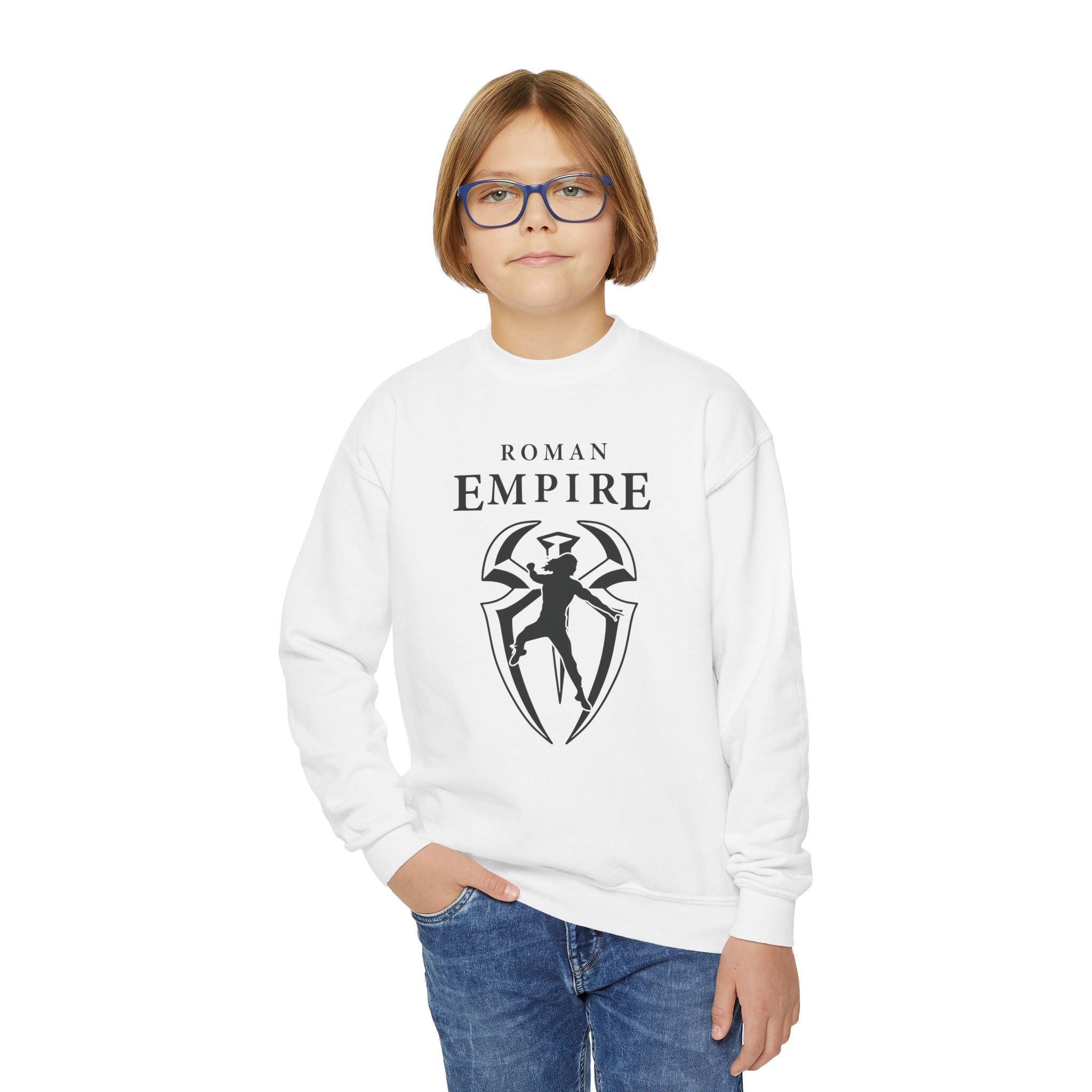 Roman Empire, Roman Reigns Jump Graphic Logo Design, Youth Sports Fan Crewneck Sweatshirt for Kids, Perfect Gift for Kids, Unisex Sweatshirt, Casual Outwear