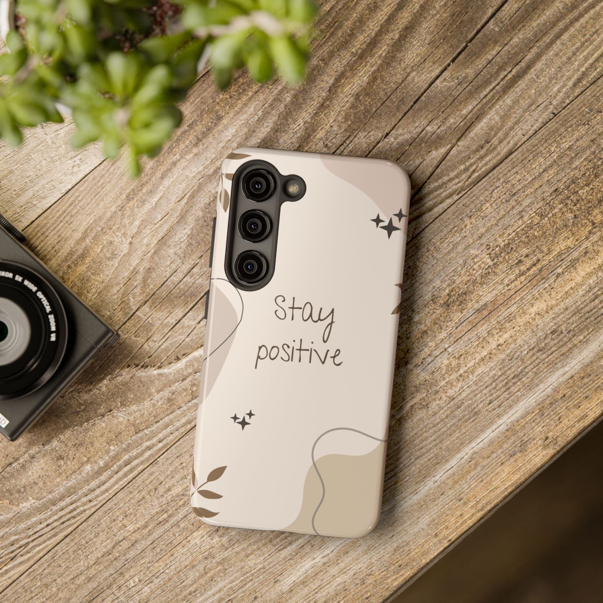 "Stay Positive" Cream Beige Aesthetic Design, Elegant Phone Cases, Stylish Phone Covers, Chic Phone Protectors, Fashionable Case for Her, Trendy Smartphone Accessories