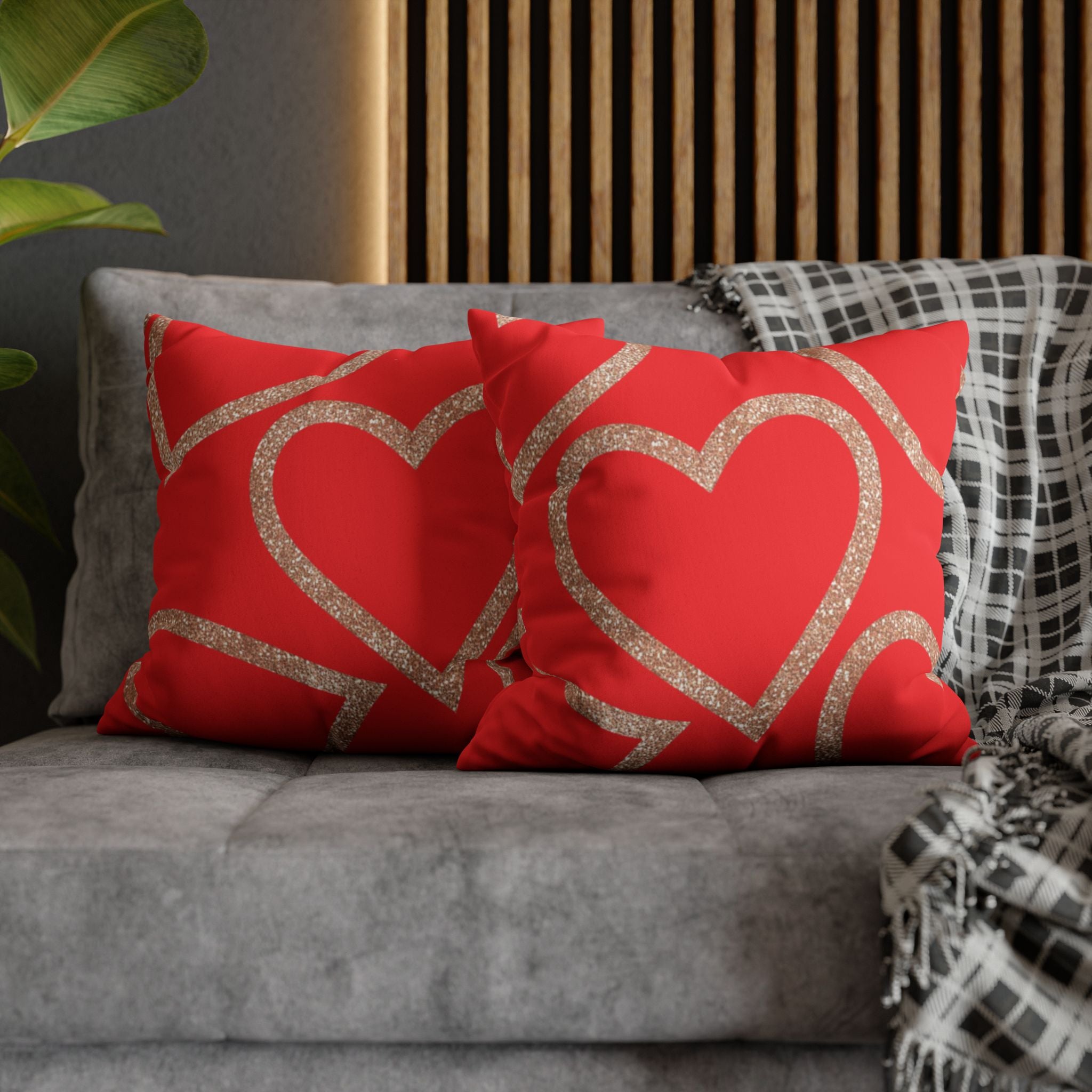 Square Pillowcase - Elegant Red Heart Love - Decorative Pillows Cushion Covers for Couch Chair Bedroom Valentines Decorative, Faux Suede, Home Decor