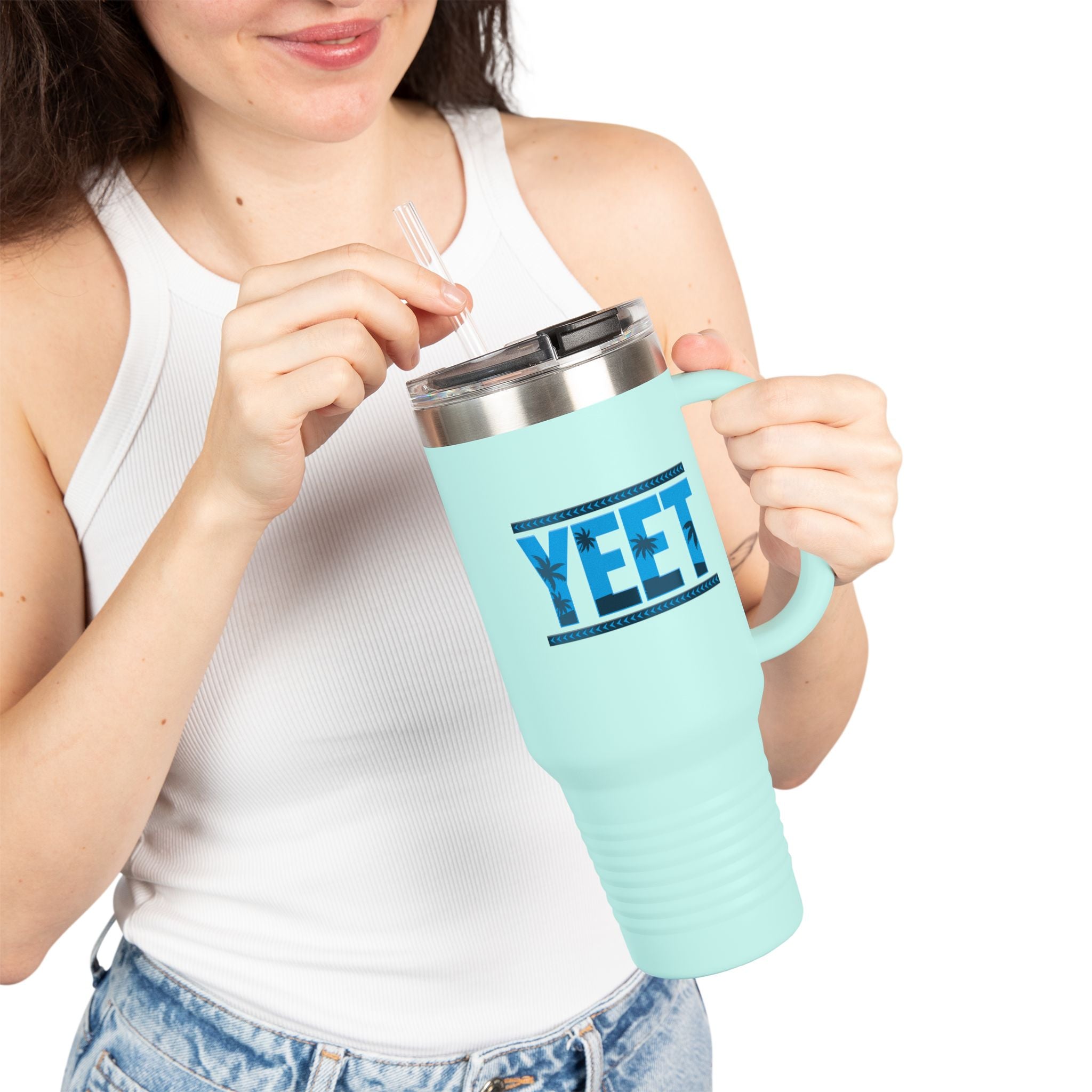 Yeet  Blue-Gray Graphic Design,  Insulated Travel Mug, Gift for Her Gift for Him - 40oz, Gift for Her, Gift for Him