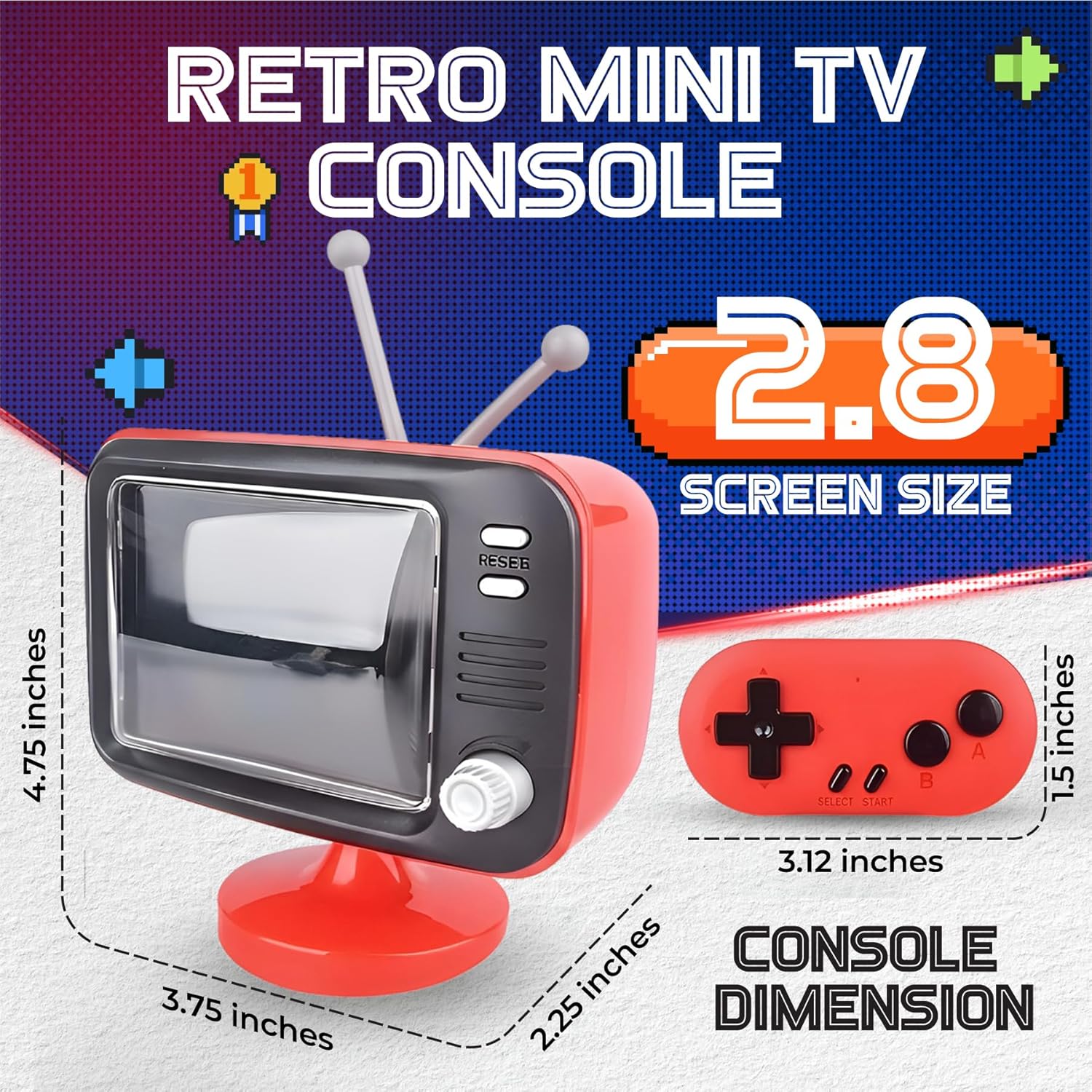Tiny Retro TV 2.8" Mini Game Console – Two Player Playable TV & Handheld w/ Real Gameplay & Sound, Dual 2.4G Wireless Controllers, 300 Classic Video Games (Kids & Adults Gift)