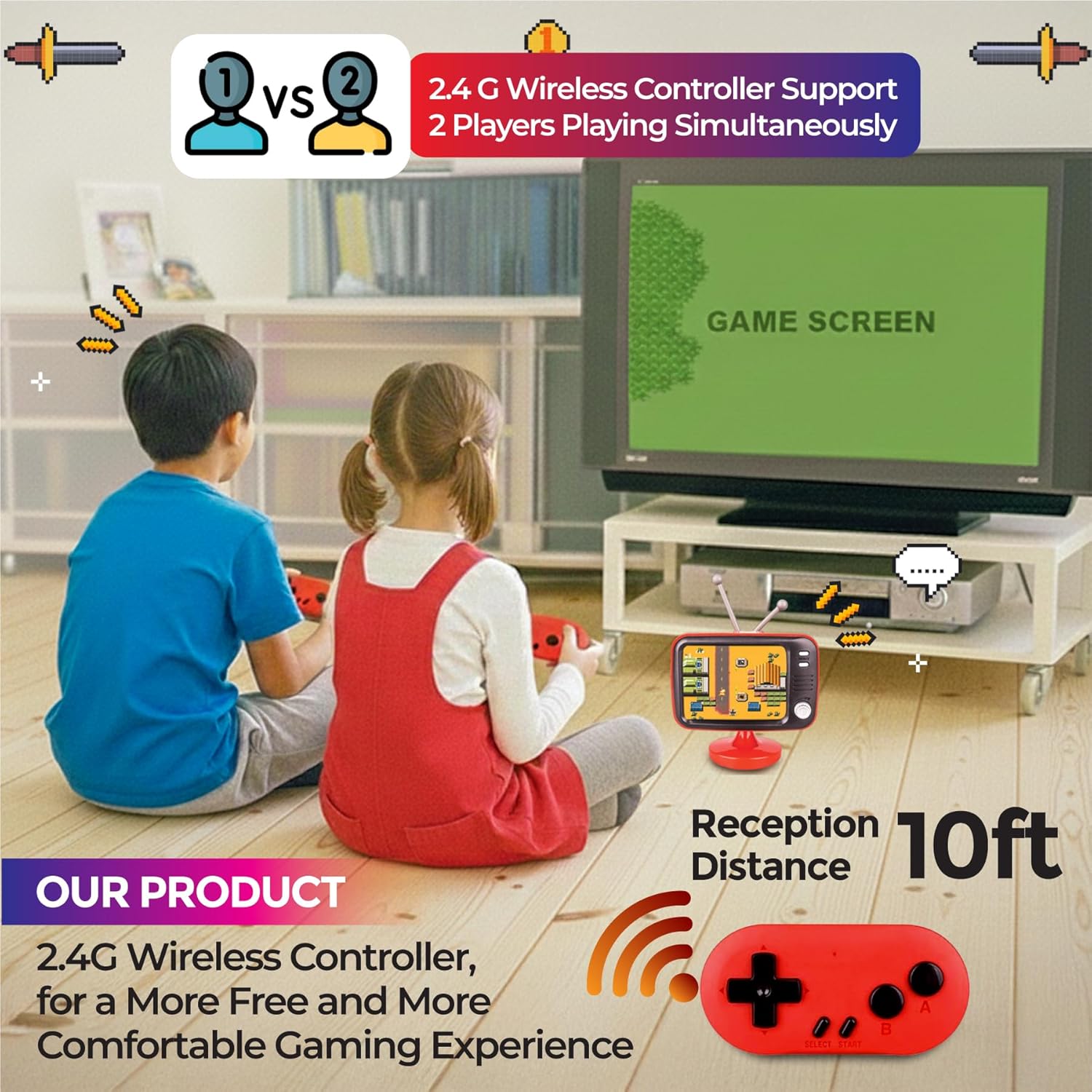 Tiny Retro TV 2.8" Mini Game Console – Two Player Playable TV & Handheld w/ Real Gameplay & Sound, Dual 2.4G Wireless Controllers, 300 Classic Video Games (Kids & Adults Gift)