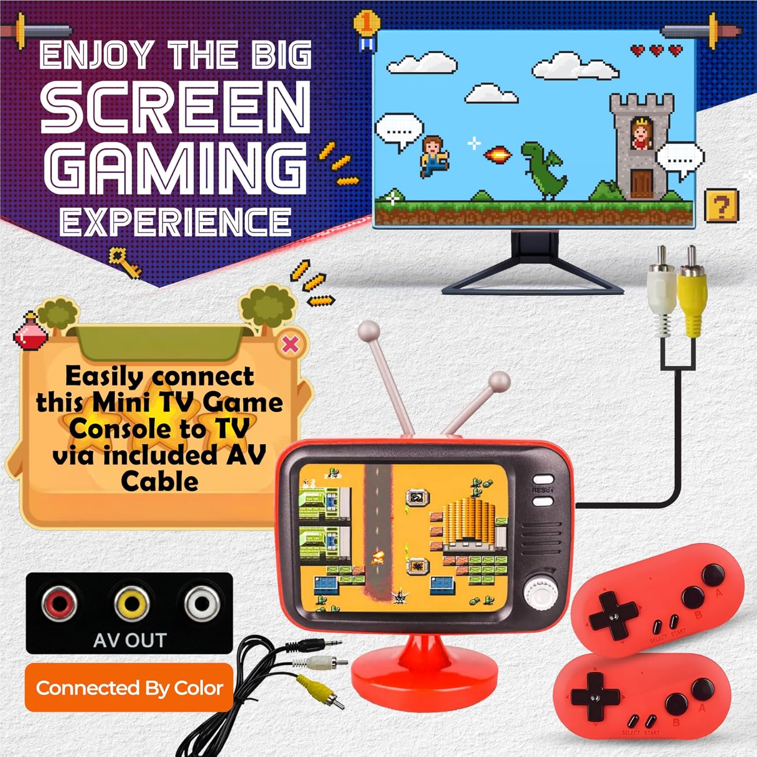 Tiny Retro TV 2.8" Mini Game Console – Two Player Playable TV & Handheld w/ Real Gameplay & Sound, Dual 2.4G Wireless Controllers, 300 Classic Video Games (Kids & Adults Gift)