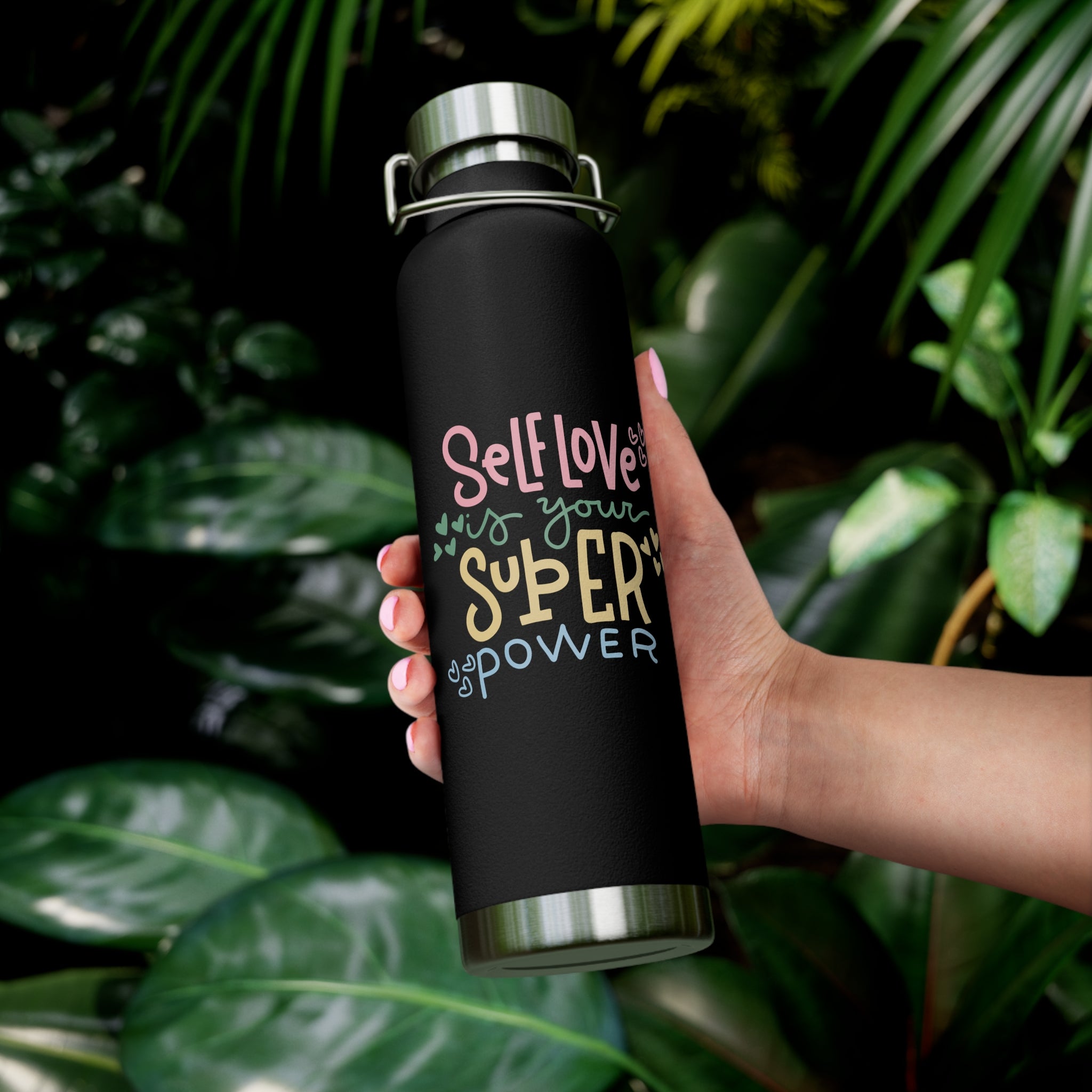 "Self Love Is Your Super Power" Copper Water Bottle, Inspirational Quote, Gift Tumbler, 22oz, Motivational Drinkware, Stainless Steel Thermos