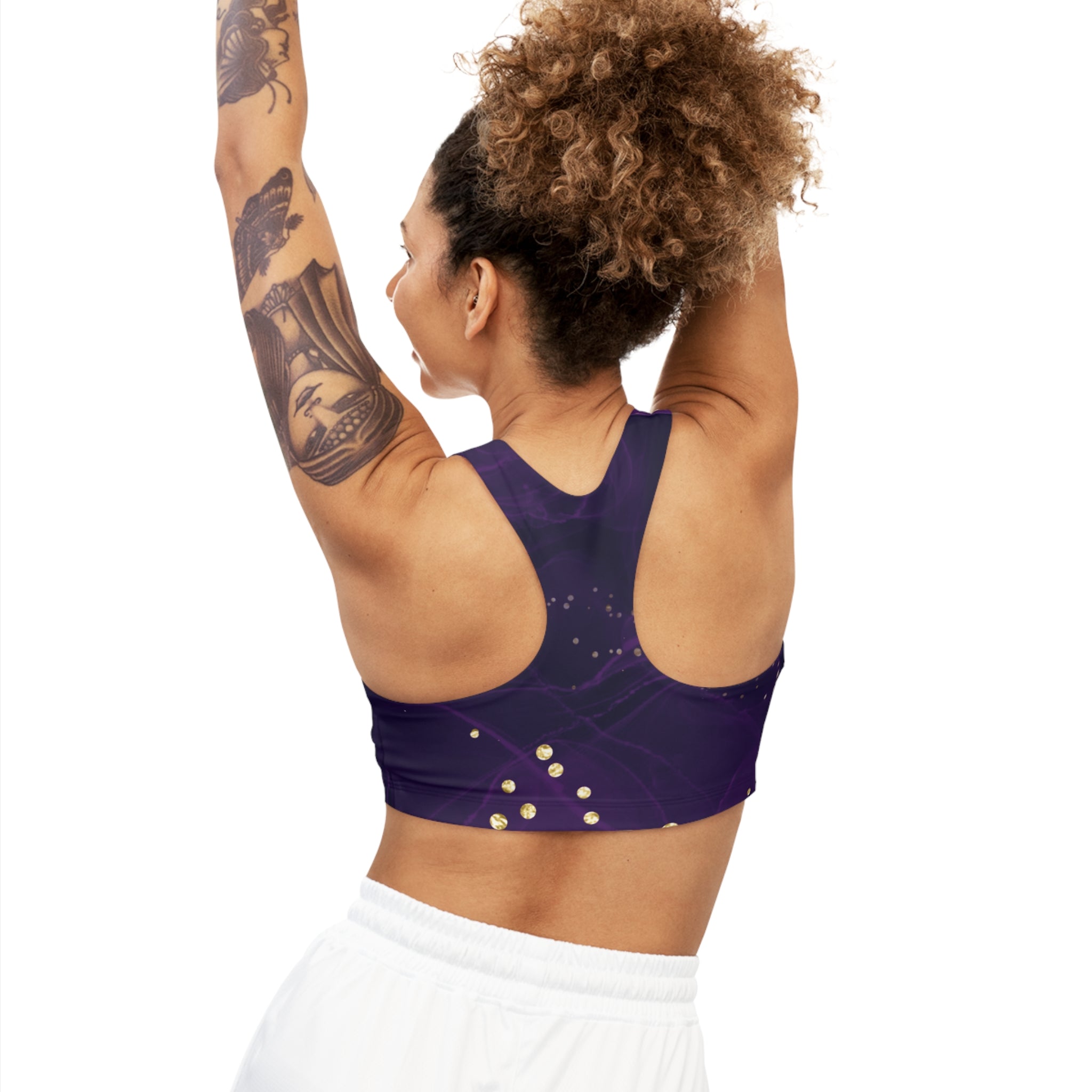 Purple Golden Galaxy Seamless, Racerback Sports Bra for Women - High Impact Workout Crop Tank Top