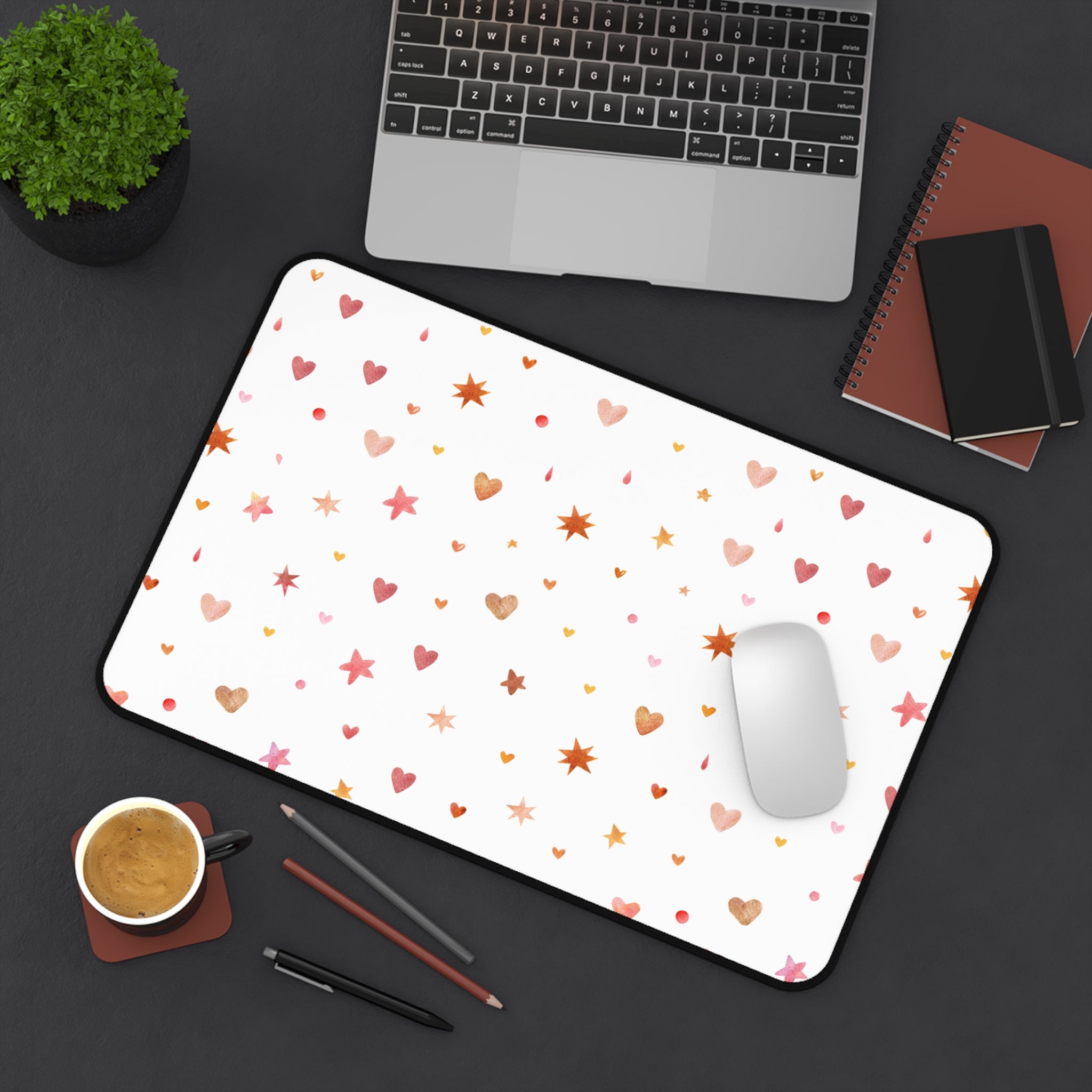 Beige And White Cute Hearts Dots And Stars, Valentines Gift, Mouse Pad, Desk Matt for Desktop, Cute Desk Pad Mat, XXL Large Mouse Pad for Desk, Anti-Slip Big Mousepad with Stitched Edges, Keyboard Pad Mouse Mat for Computer