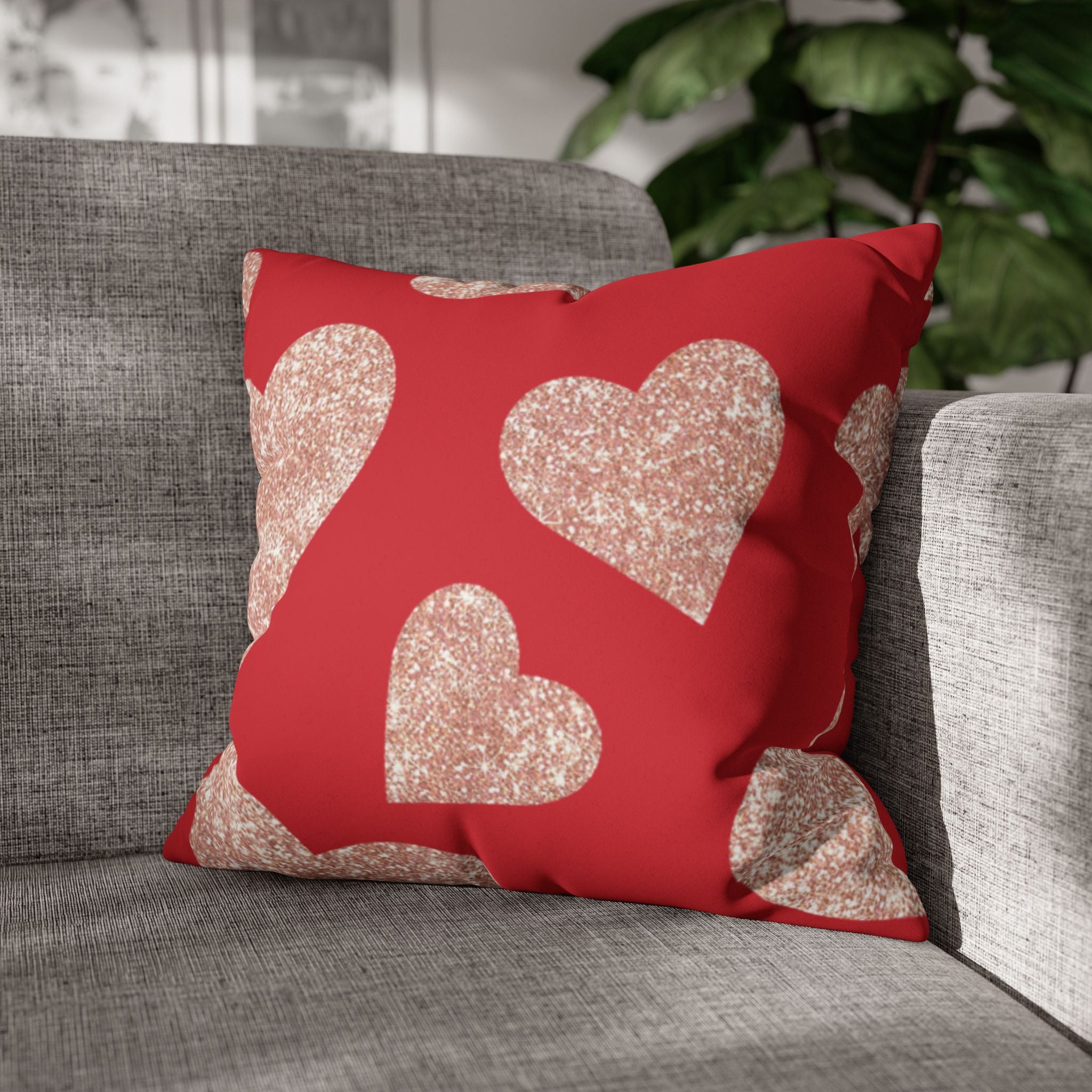 Square Pillowcase - Red and Gold Heart - Decorative Pillows Cushion Covers for Couch Chair Bedroom Valentines Decorative, Faux Suede, Home Decor