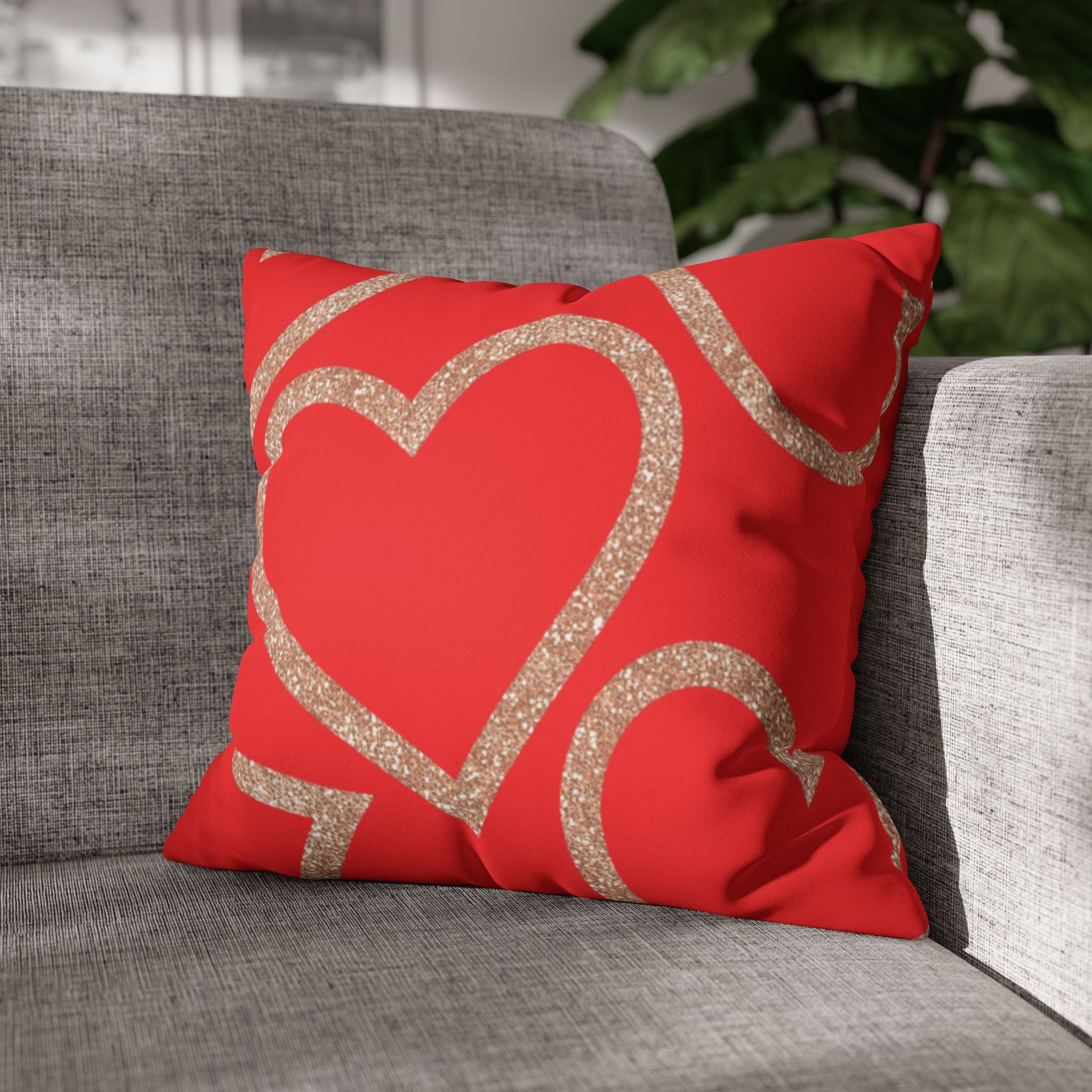 Square Pillowcase - Elegant Red Heart Love - Decorative Pillows Cushion Covers for Couch Chair Bedroom Valentines Decorative, Faux Suede, Home Decor