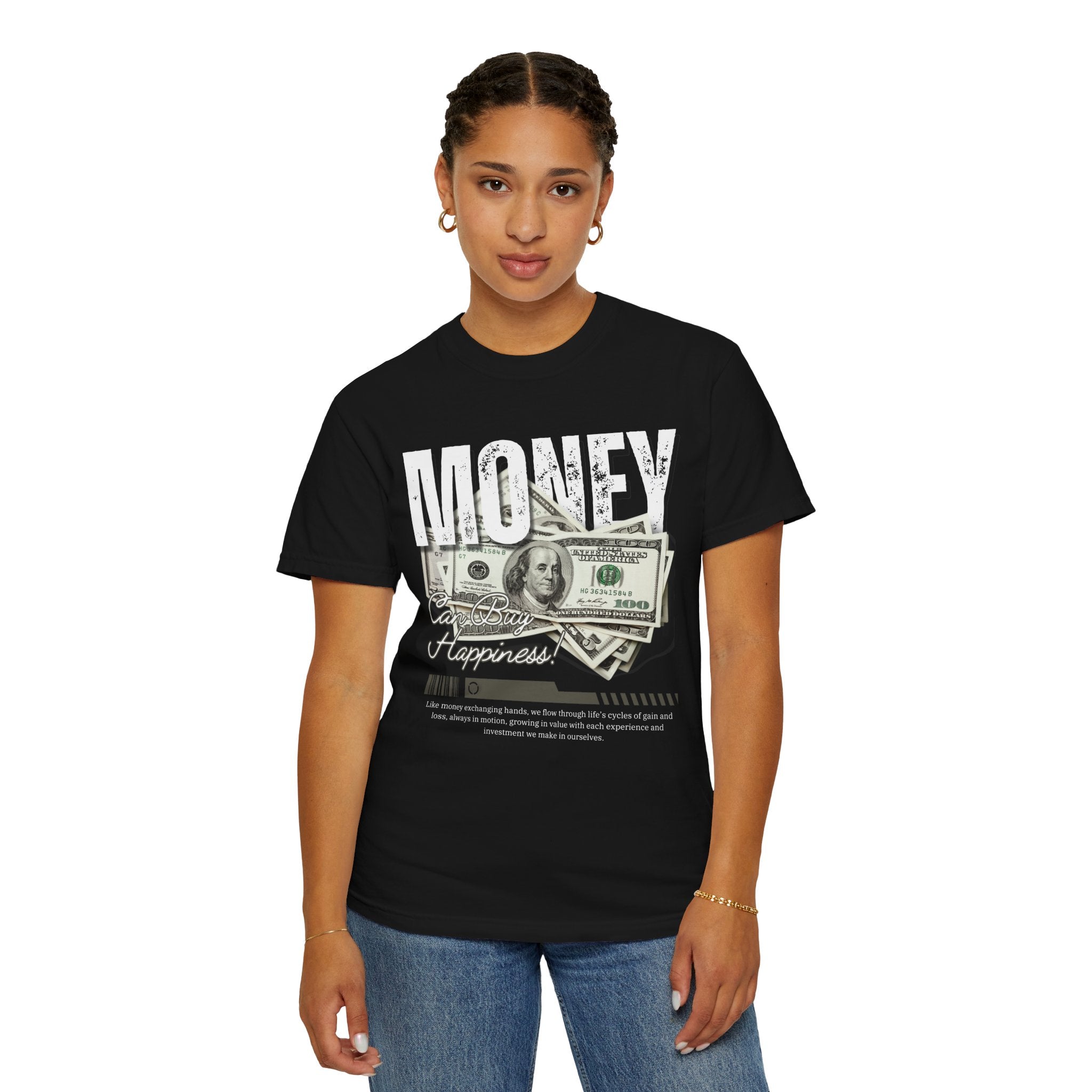 Money Can Buy Happiness, Graphic Design Unisex T-shirt, Casual Cotton Outwear, Gift for Him- Gift for Her, Stylish Tee, Cool Shirt, Trendy Apparel, Comfortable Top,