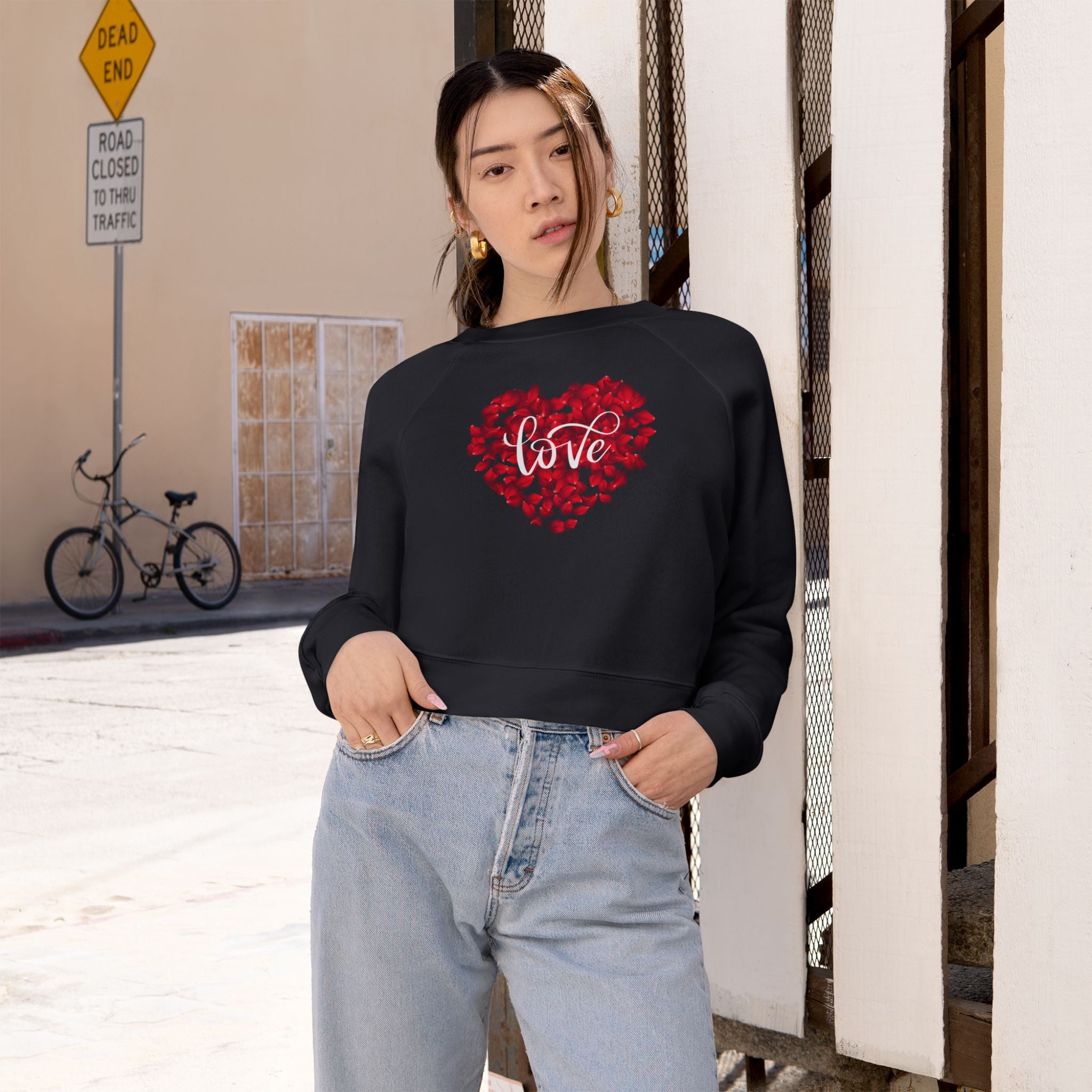 Heart Love Cute Valentines' Cropped Fleece Pullover, Valentines Gift for Her, Long Sleeve Women's Shirt, Casual Pullover Top, Graphic Shirt Valentines Gift for Teachers