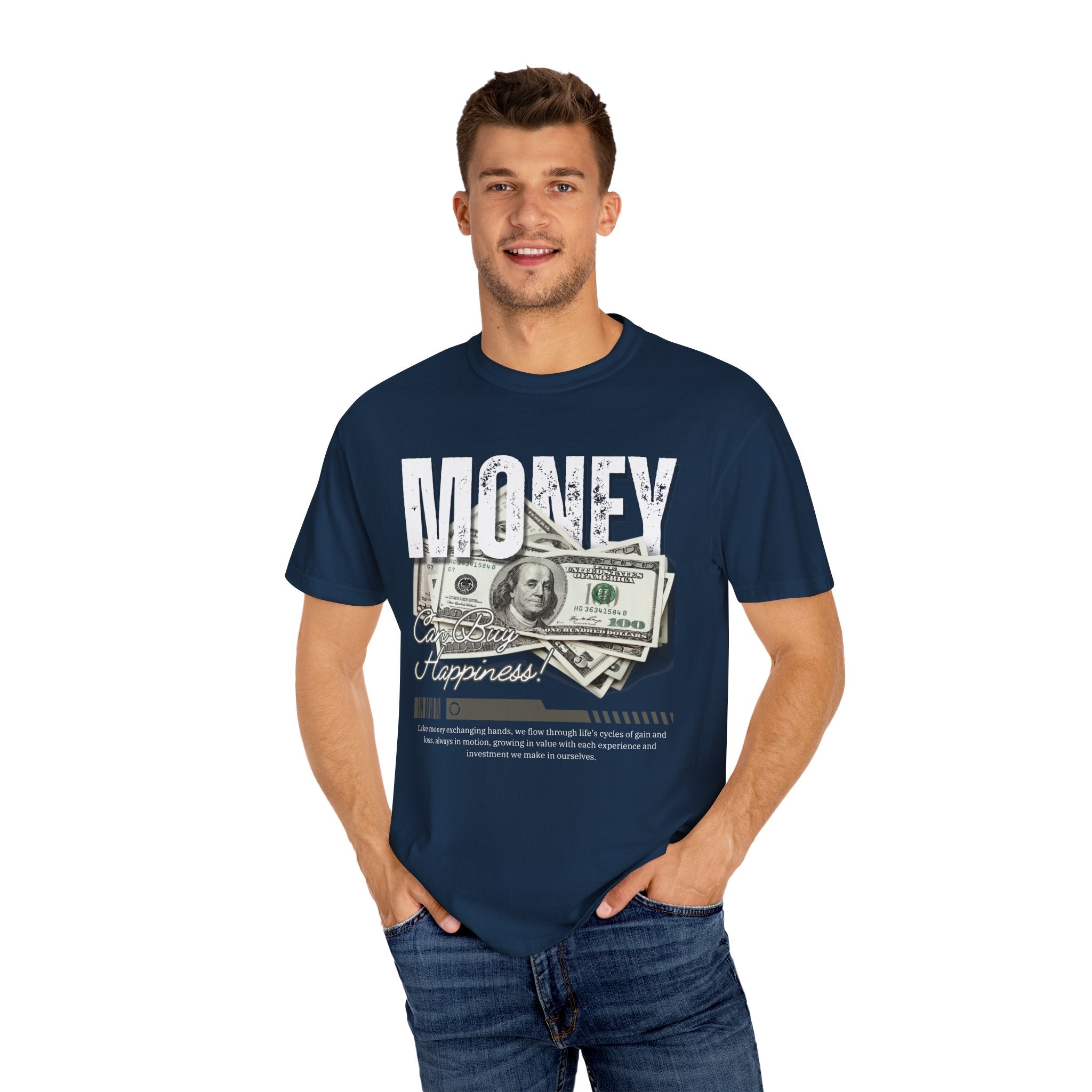 Money Can Buy Happiness, Graphic Design Unisex T-shirt, Casual Cotton Outwear, Gift for Him- Gift for Her, Stylish Tee, Cool Shirt, Trendy Apparel, Comfortable Top,