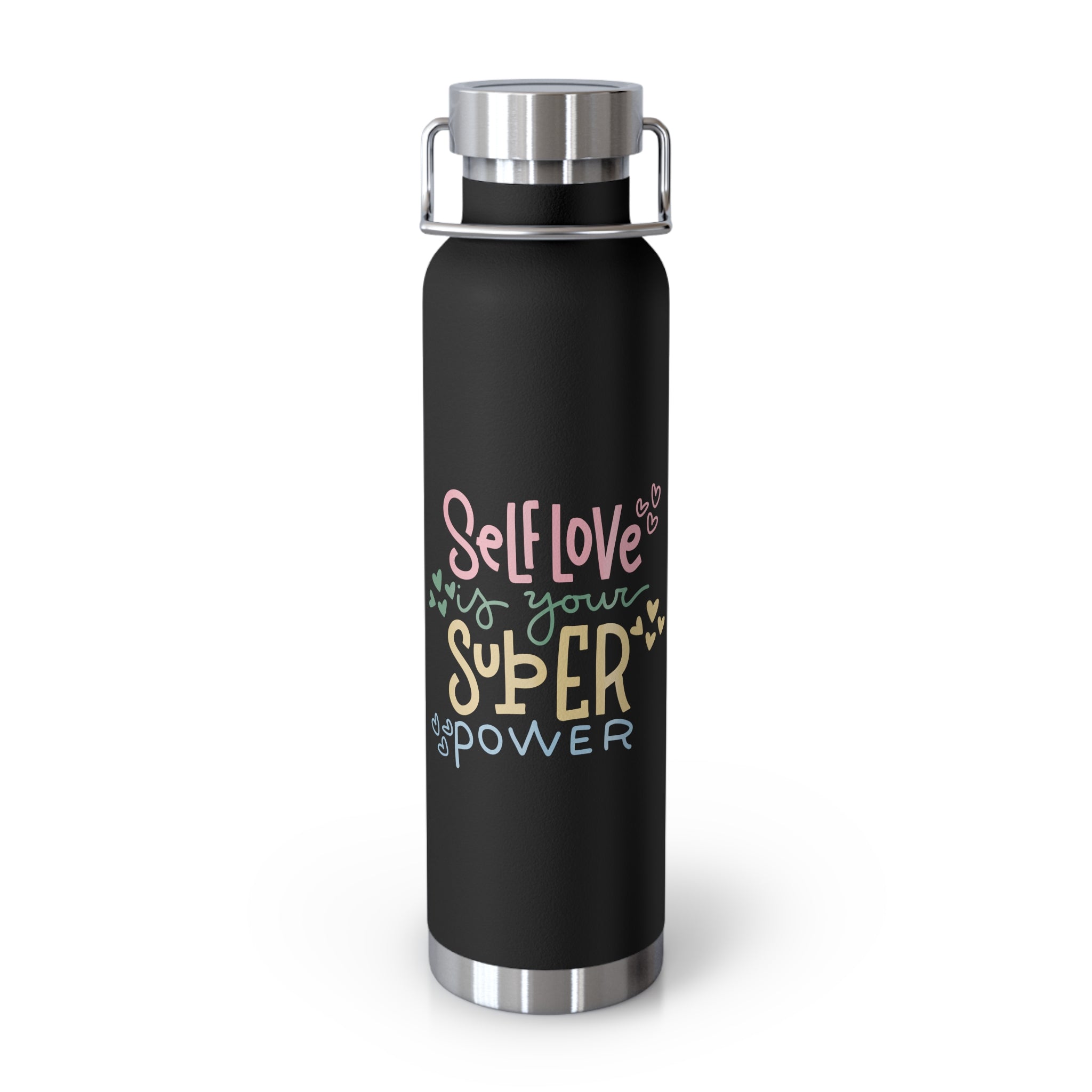 "Self Love Is Your Super Power" Copper Water Bottle, Inspirational Quote, Gift Tumbler, 22oz, Motivational Drinkware, Stainless Steel Thermos