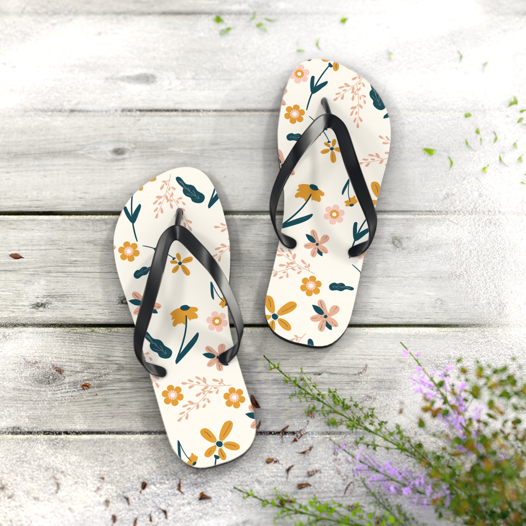 Cream and Orange Creative Floral, Flip Flops for Women, Cute Designs, Everyday Use, Indoor Sleepers